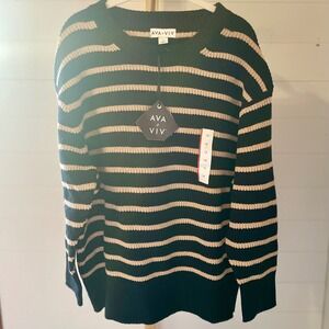 AVA & VIV Womens Striped Crew Neck Sweater Black Tan Plus Size 1X